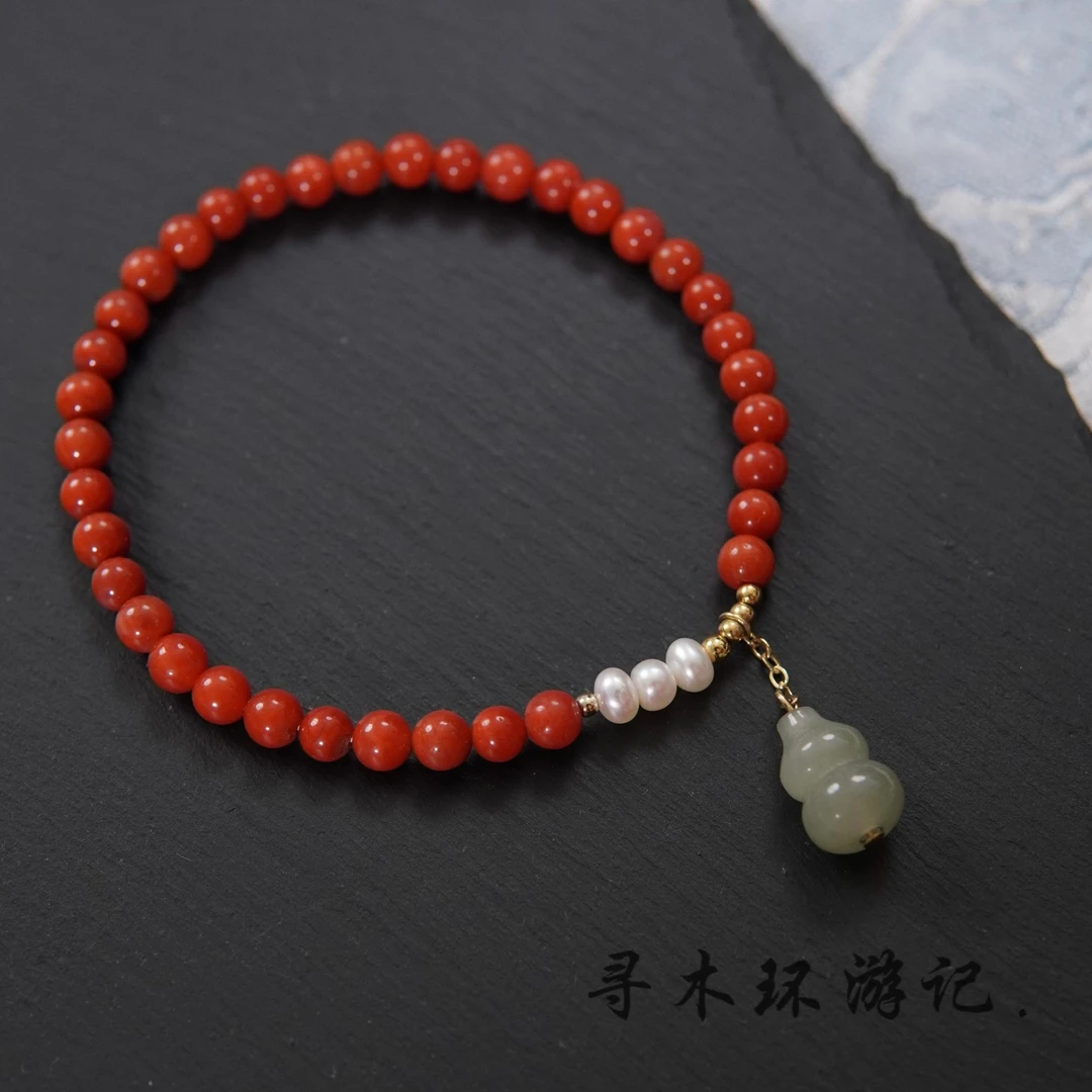 天然南红玛瑙单圈手链4mm+天然淡水珍珠+玉葫芦寻木精品S925