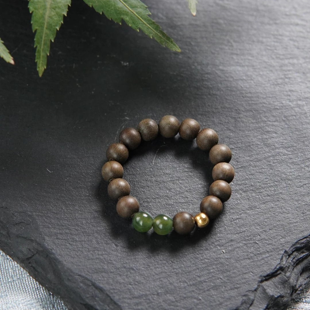 天然印度阴沉老山檀4mm圆珠戒指18k