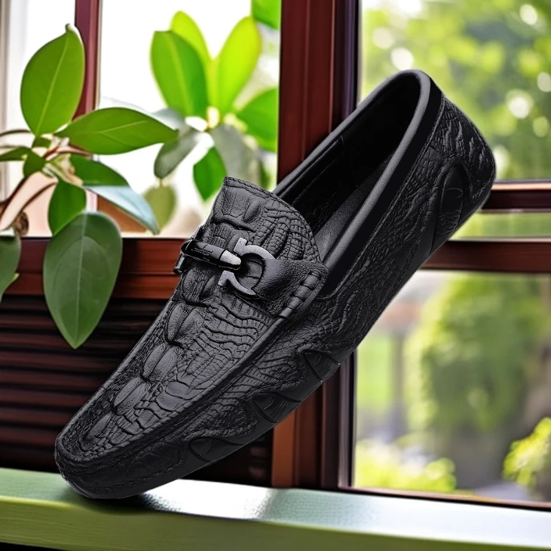 唐戈豆豆鞋男时尚百搭夏季透气真皮软底驾车鞋春季男士鳄鱼纹潮鞋