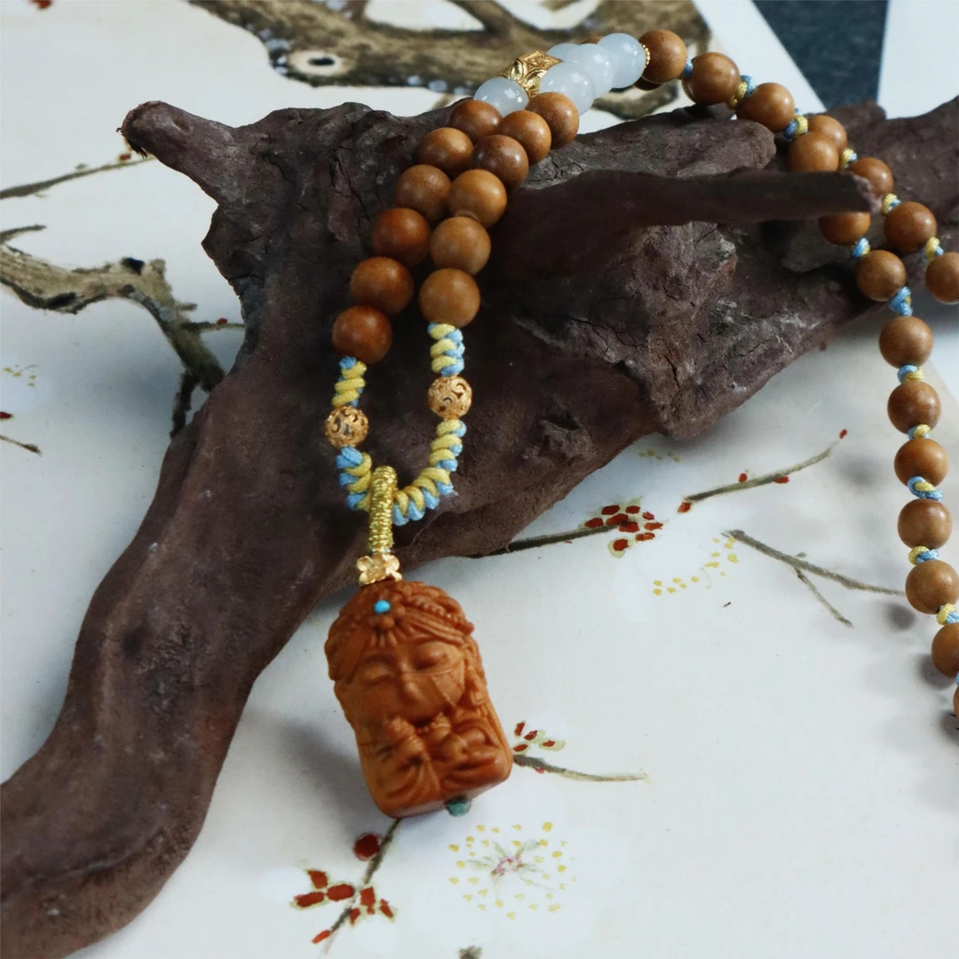 六字6mm老山檀和田面纱扎基手编绳项链可调节大小