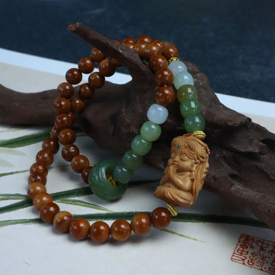 天然库克和田扎基双圈跑环手串6mm