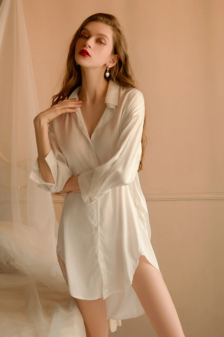 新款男友风白衬衫女性感睡衣长袖家居服