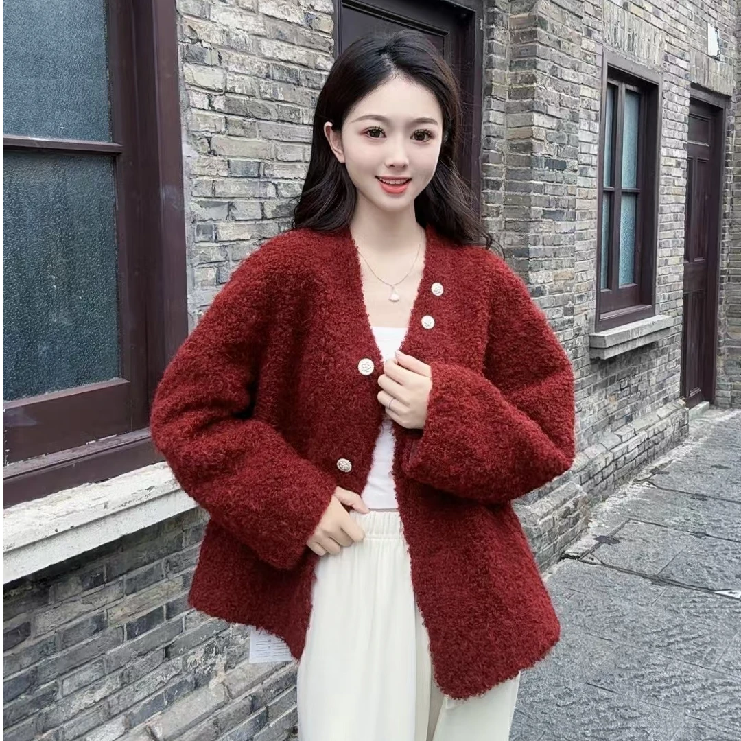 新款中长款冬季加厚双排扣保暖时尚休闲宽松女士百搭羊羔毛外套