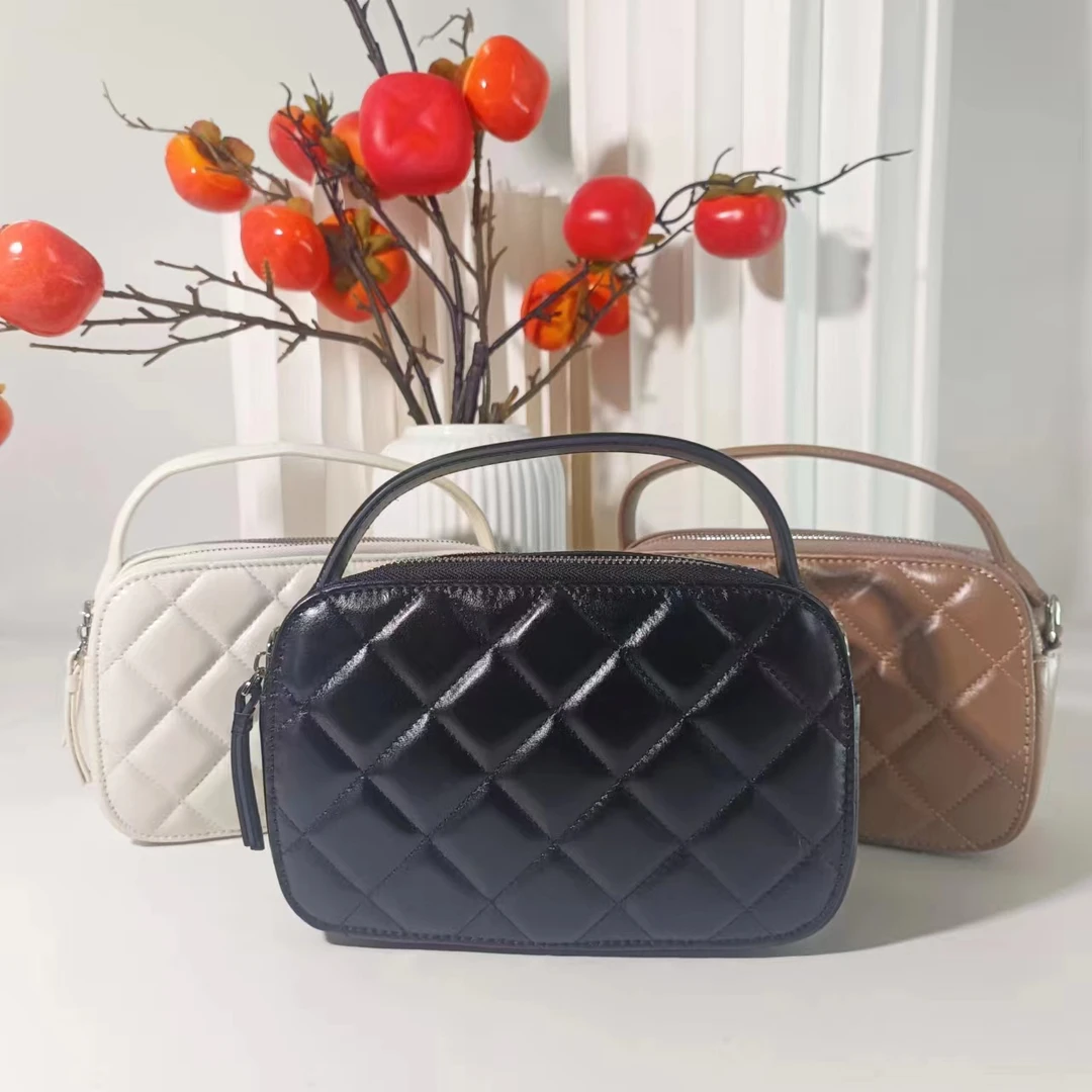 梵卡奇菱格绣线小胖包单肩包小香风轻奢时尚百搭女士真皮女士包包