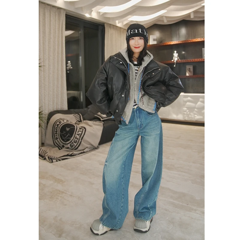 Cover Sole 复古设计感做旧水洗弯刀裤宽松阔腿牛仔裤QIDI24S111