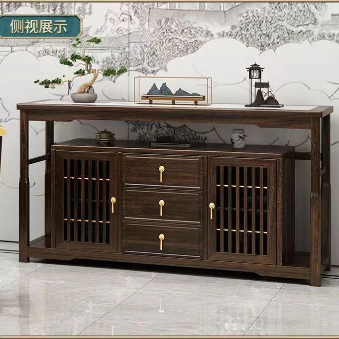 新中式乌金木禅意实木餐边柜轻奢岩板两门餐边柜餐桌椅全套客厅