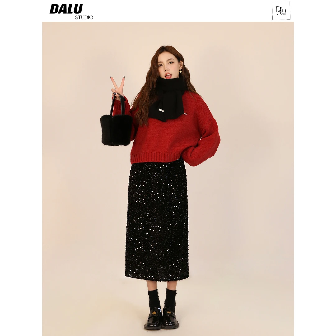 DALU  bulingbuling年会款！松紧腰亮片中长款半裙 直身裙半身裙