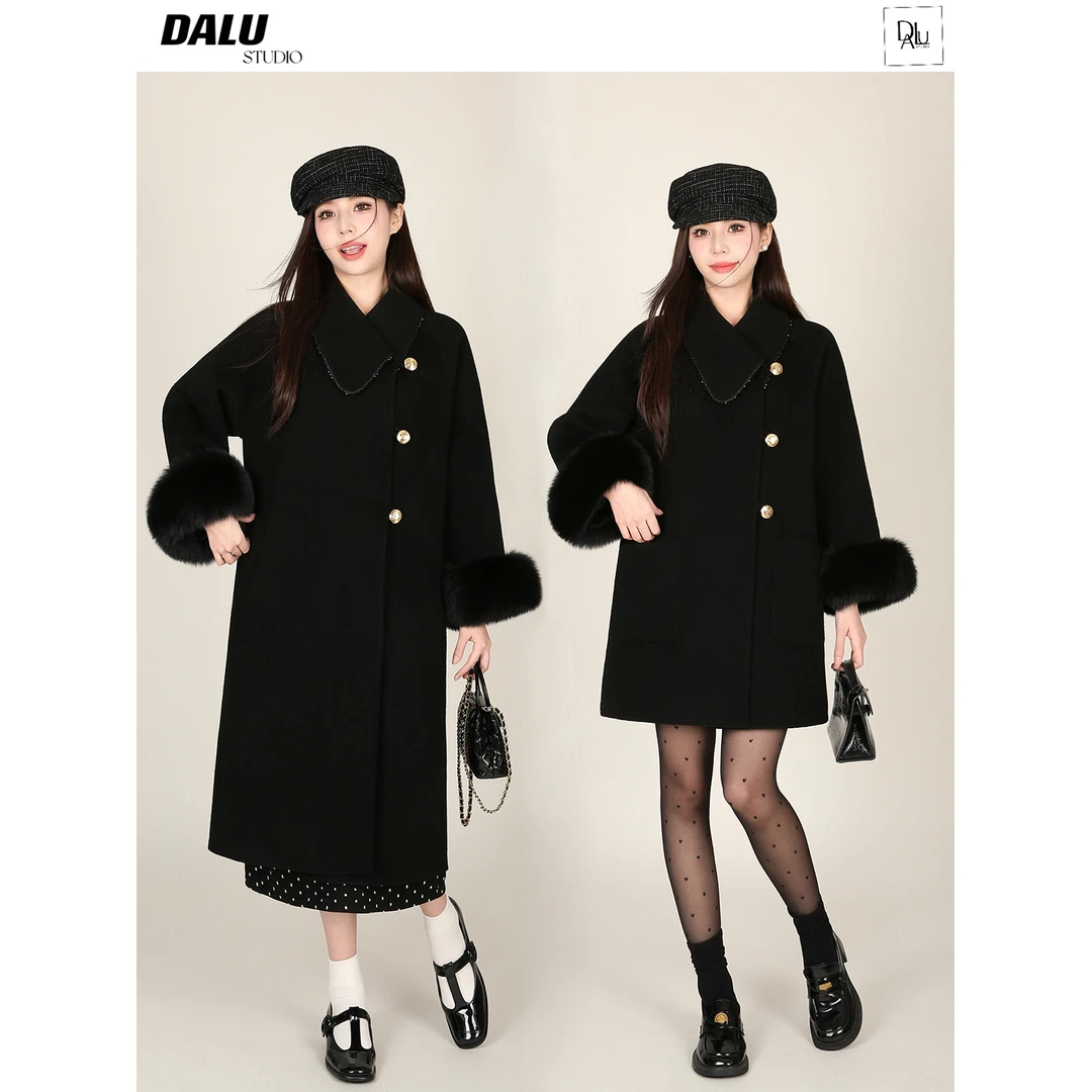DALU 千金的衣橱 钉珠设计 袖口狐狸毛 100%羊毛双面手工呢大衣