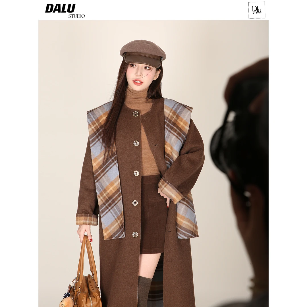 DALU 自留！正反两穿！格纹撞色连帽围巾双面手工呢大衣