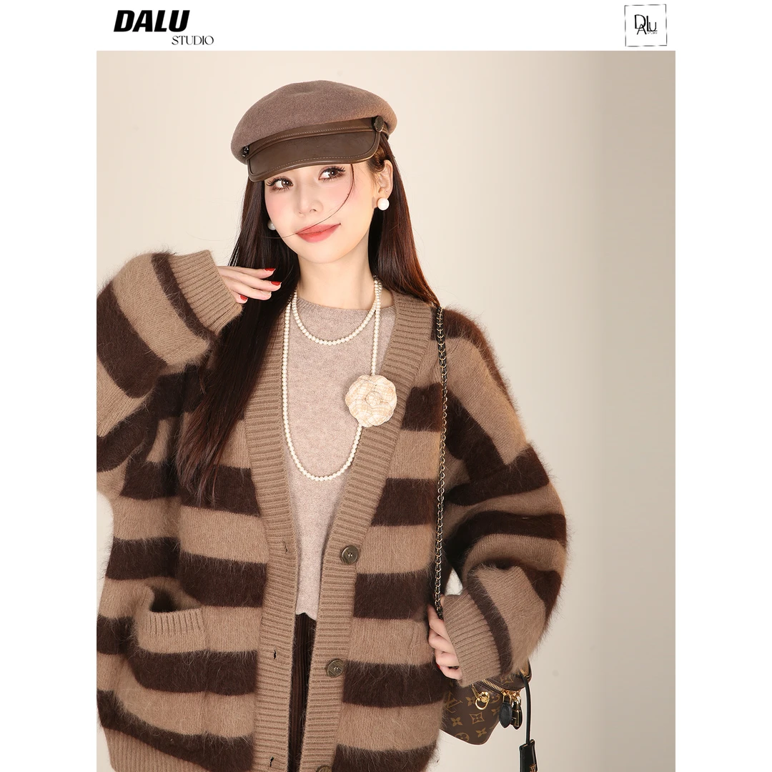 DALU 超厚！堪比大衣！兔毛+羊毛高克重外套型宽松条纹毛衣开衫