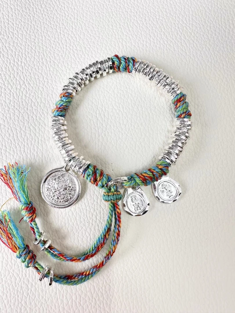 足银手链 足银999盘缠编绳手链时尚气质百搭民族风个性手链