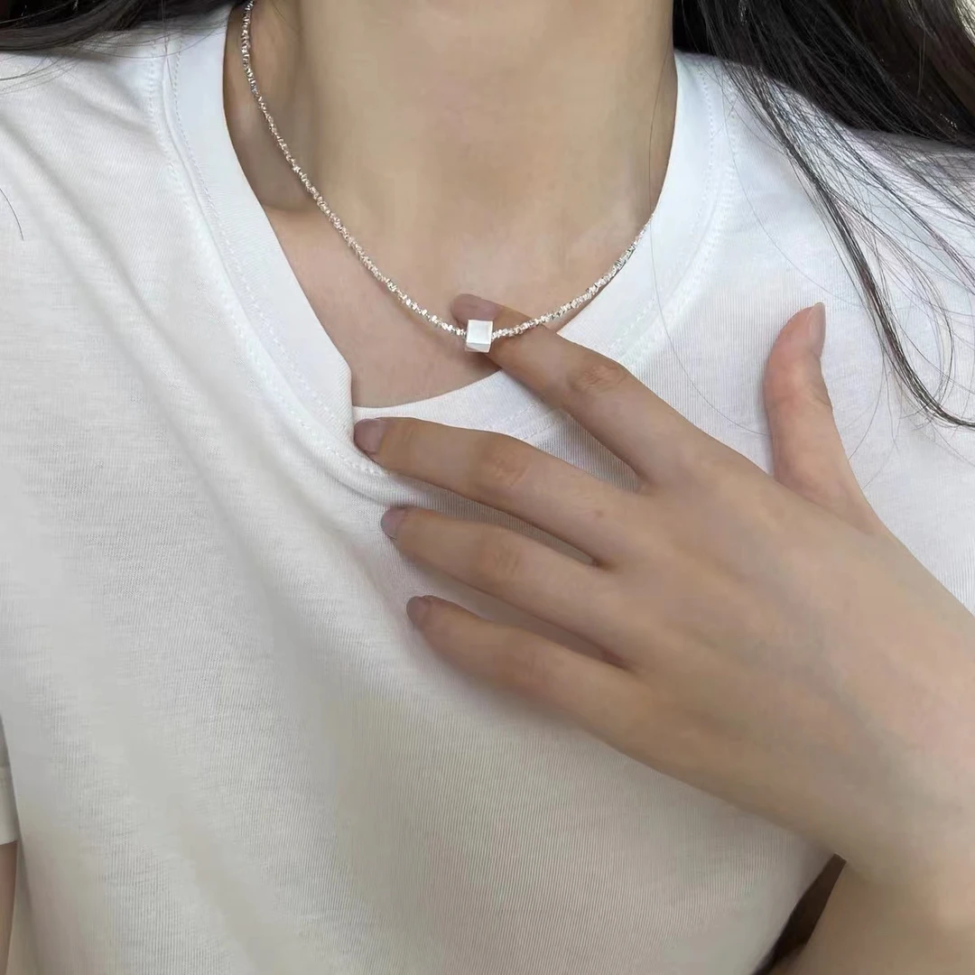 坠链均足银 999碎银子+999方块项链简约时尚气质小众个性锁骨链