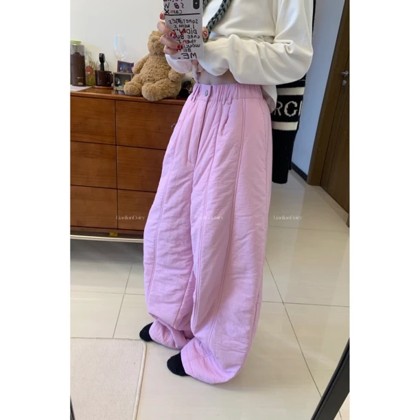 脸脸憨 休闲简约夹棉压褶休闲裤蓬松廓形舒适保暖长裤