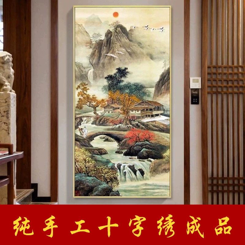新款山野人家纯手工十字绣成品竖版玄关走廊装饰挂画