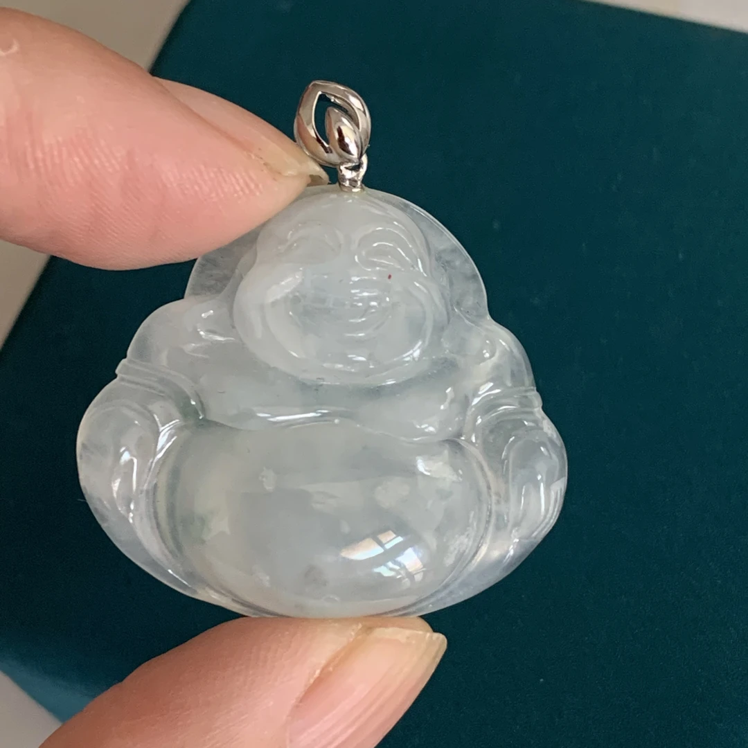 天然冰种翡翠笑佛18K金镶嵌，有种水有厚度气质时尚冰透