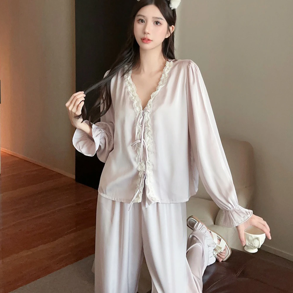 【歌者】新中式长袖睡衣女套装贡缎软丝系带显瘦减龄设计师家居服