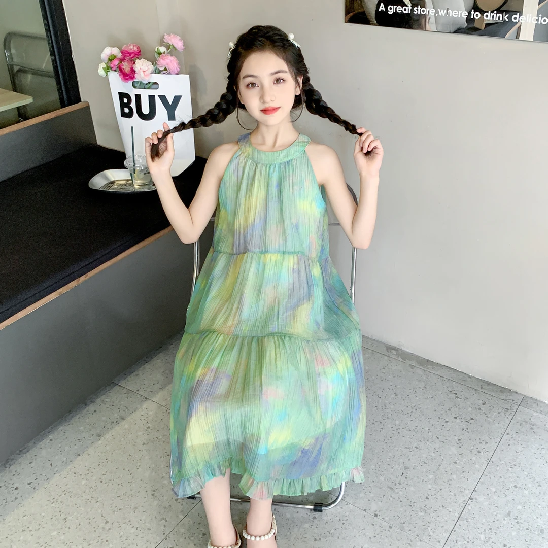 薄荷曼波风设计绿色渲染连衣裙女童夏季海边度假风中长裙X61281