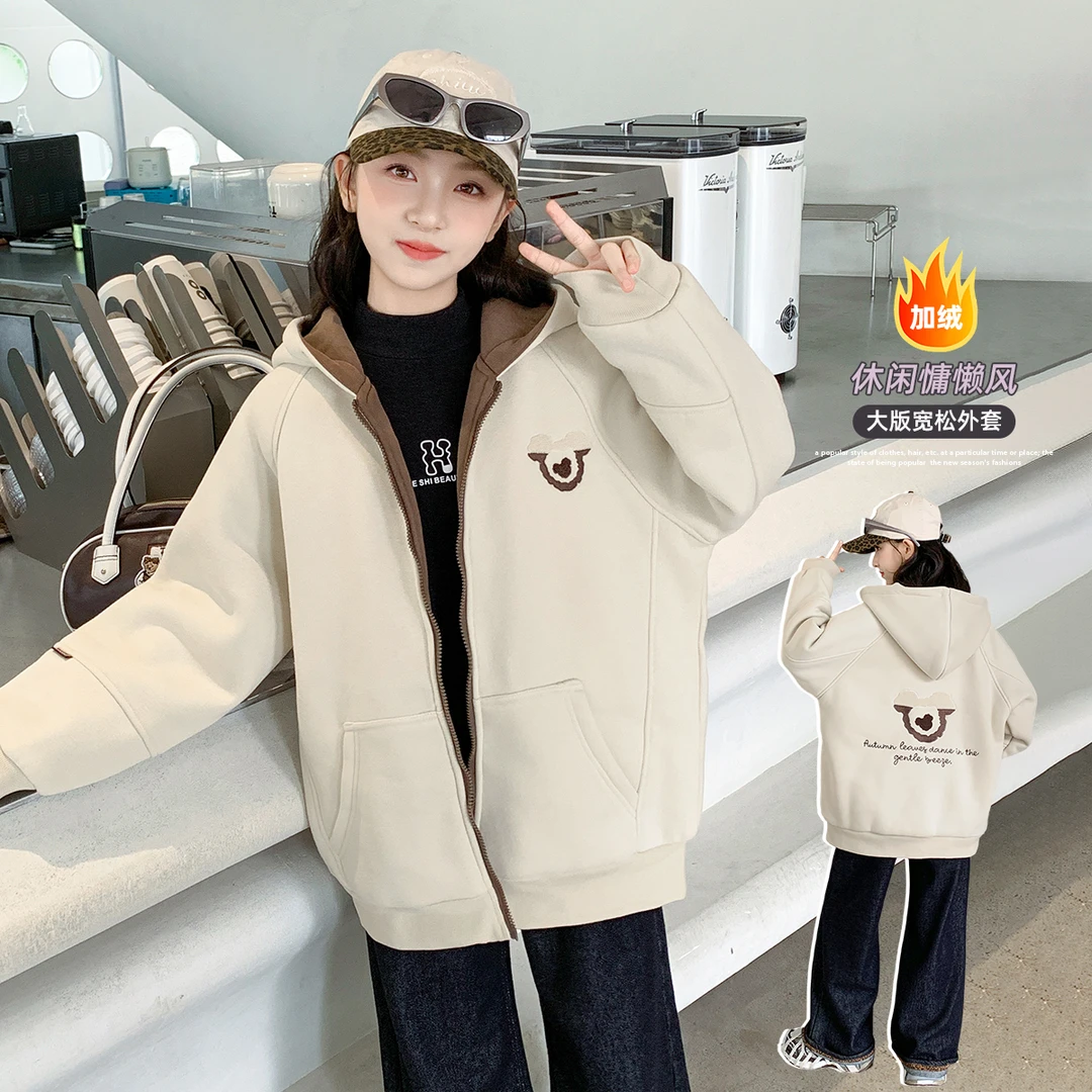 女童外套秋冬款2024新款中大童冬季女孩连帽韩版加绒上衣Q61631
