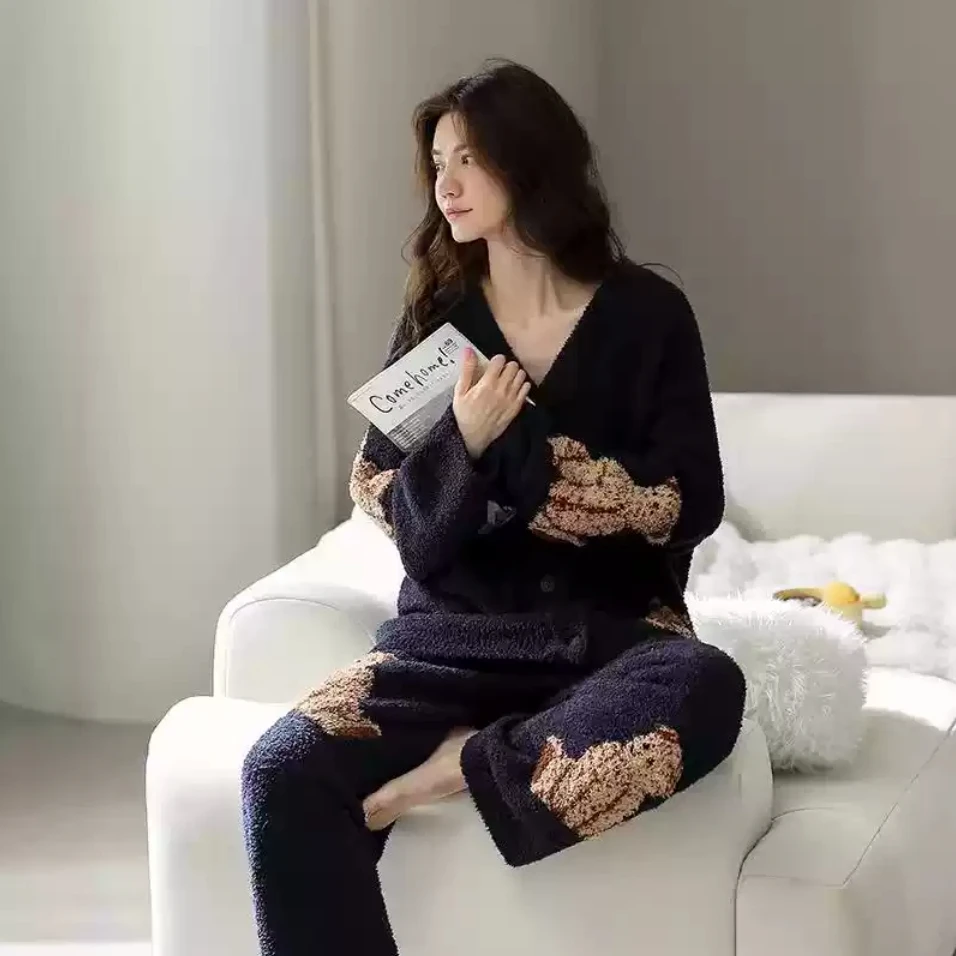 半边绒泰迪熊V领开衫小香风套装家居服睡衣套装可外穿加绒加厚