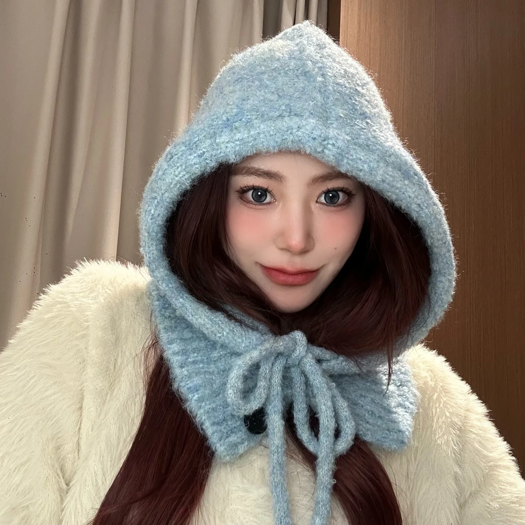 大头围巴拉克拉法帽女秋冬围巾一体加厚保暖针织毛线帽2024新款