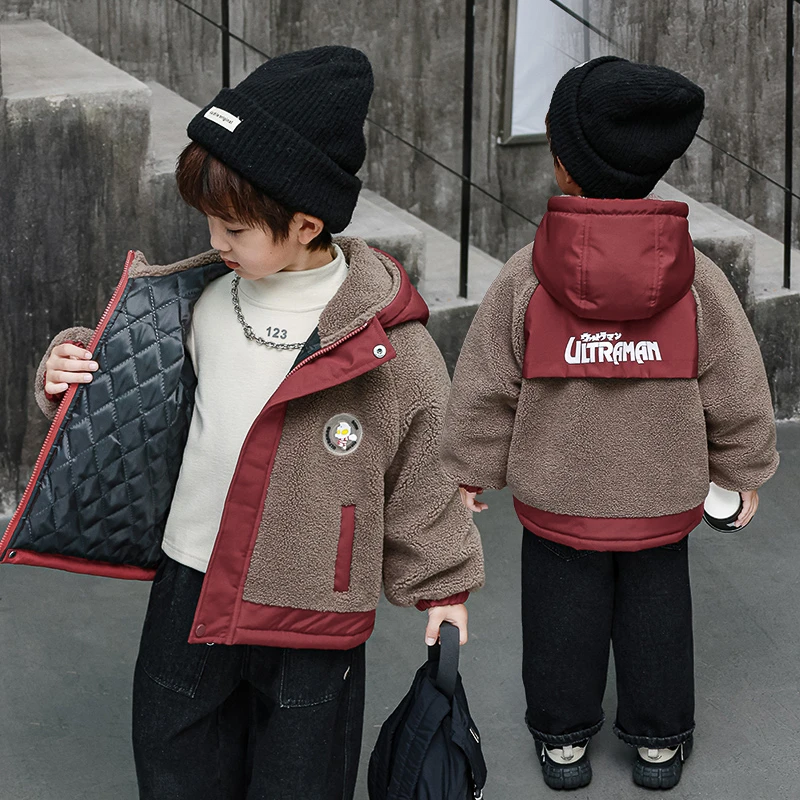 奥特曼儿童男童加绒外套秋冬款2024新款洋气宝宝摇粒绒夹棉厚棉衣