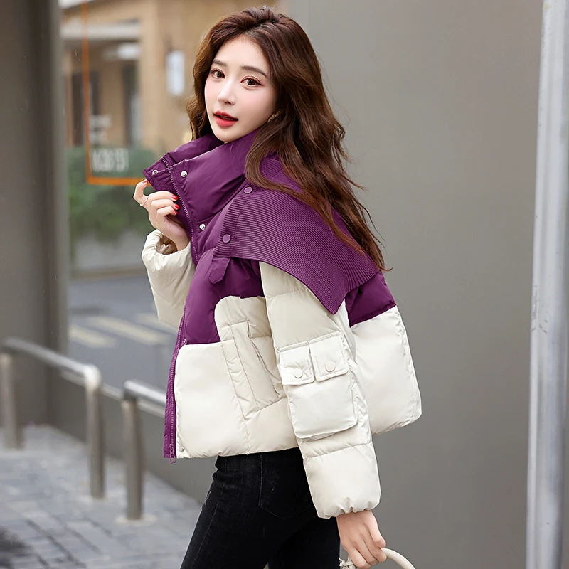 时尚拼色小个子披肩羽绒服女短款冬季2023新款洋气加厚高级感外套