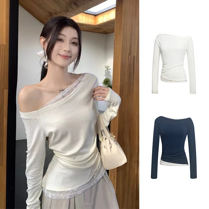 蕾丝美学”设计感斜肩拼接长袖小衫早秋褶皱收腰显瘦上衣女 3020