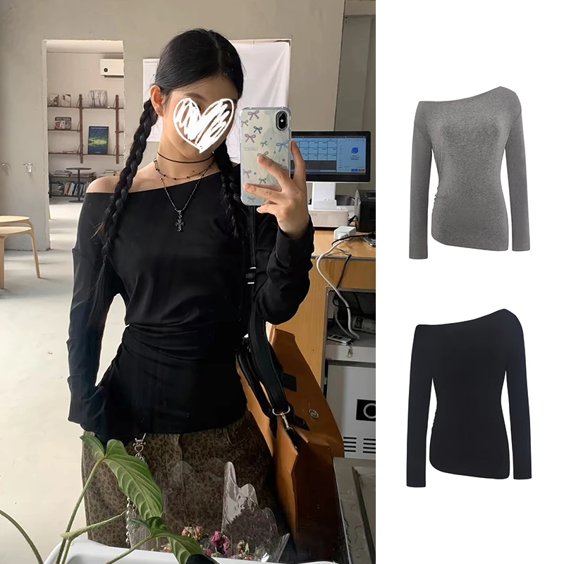 黑色斜肩打底衫长袖t恤秋季新款设计感一字肩露肩宽松上衣 3010