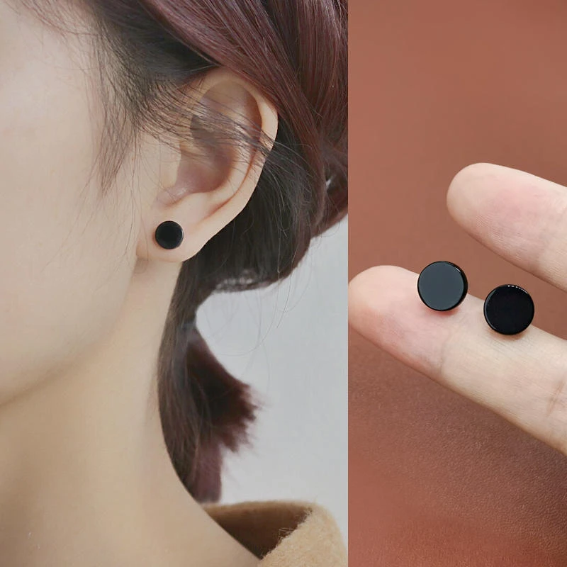 若凌 钛钢耳饰 黑色单面圆饼细针耳钉女纯黑单只潮男时尚韩版耳环