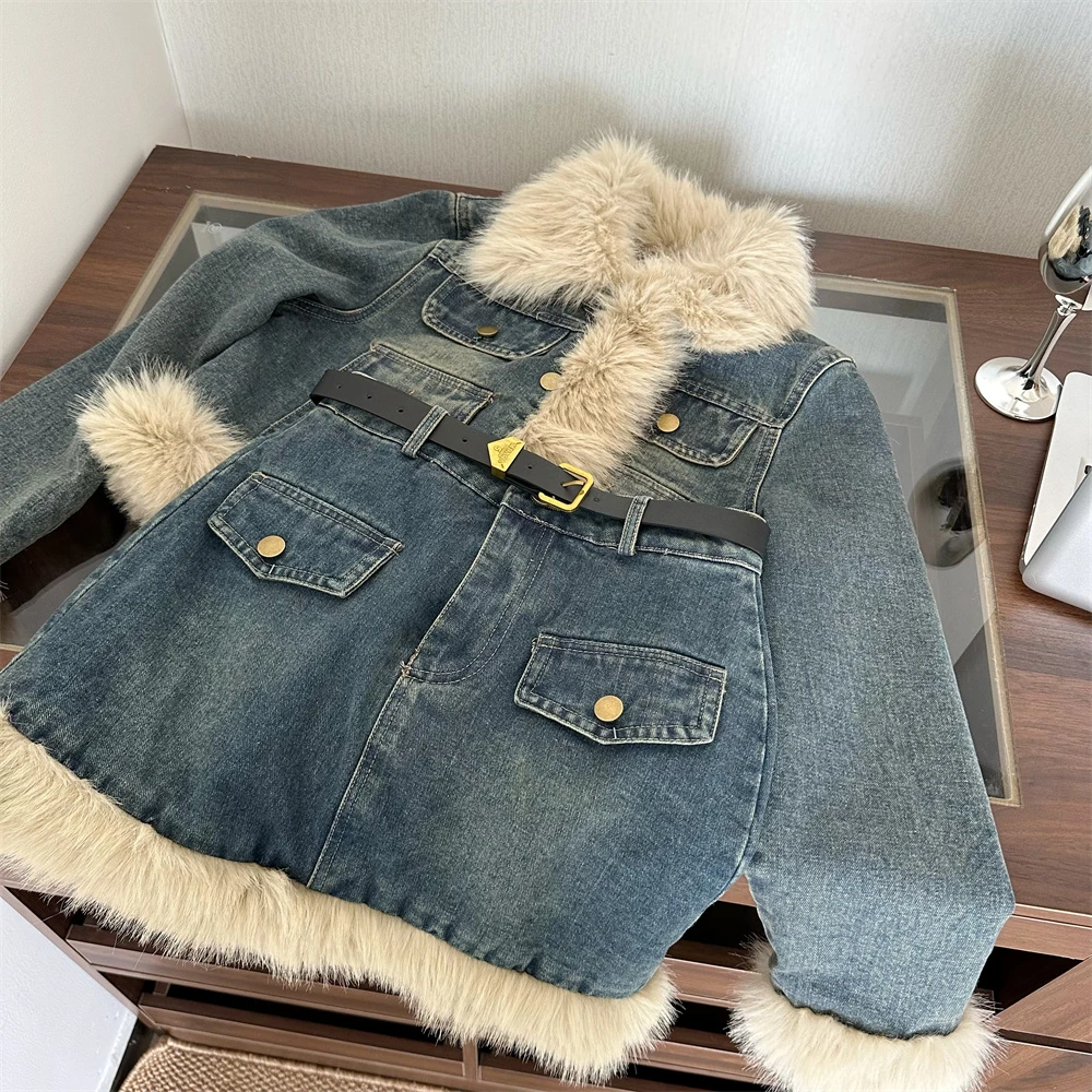 复古辣妹牛仔套装裙女高腰小个子毛绒短外套裙子加厚装搭配一整套