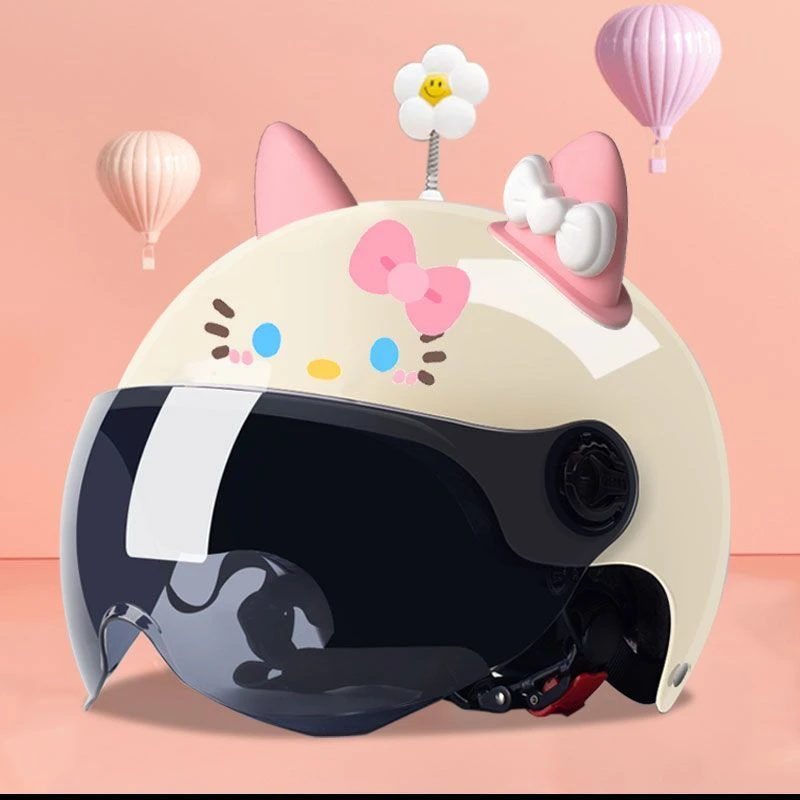 3C认证电动车头盔女新款成人夏季防晒可爱HelloKittyKT猫耳朵半盔