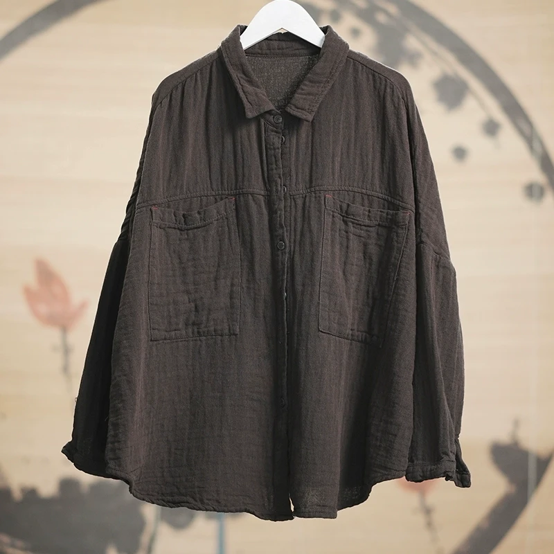 百搭新款宽松时尚复古长袖翻领肌理麻开衫休闲衬衫薄款衬衣上衣