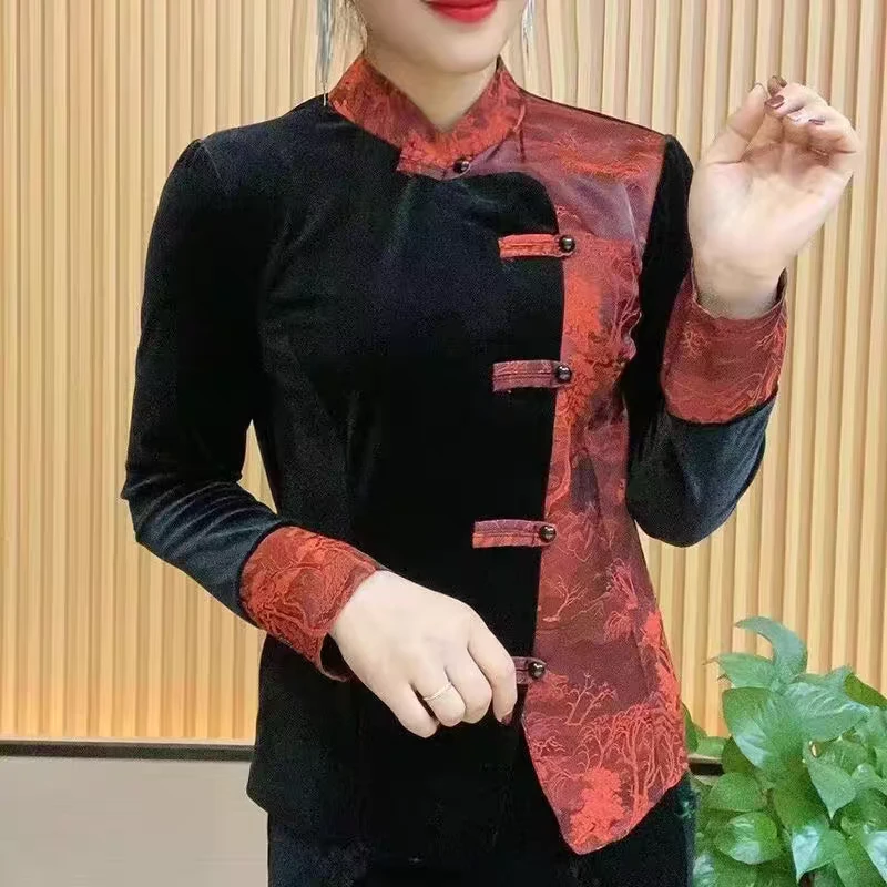 2024春秋洋气打底衫女装上衣新中式打底衫长袖金丝绒盘扣小衫