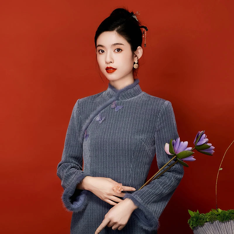 清「反季」冬季旗袍中国风优雅喇叭长袖日常改良连衣裙230578