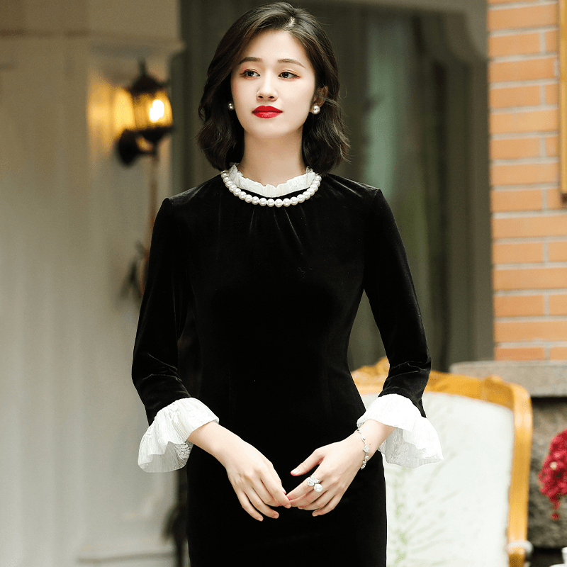 清「反季」旗袍裙中国风黑色丝绒日常改良鱼尾连衣裙230318