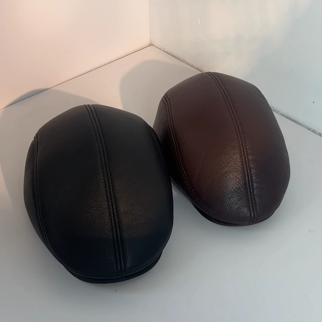 D01羊皮贝雷帽前进帽-送真皮手套-秋冬款带护耳加绒中老年帽子