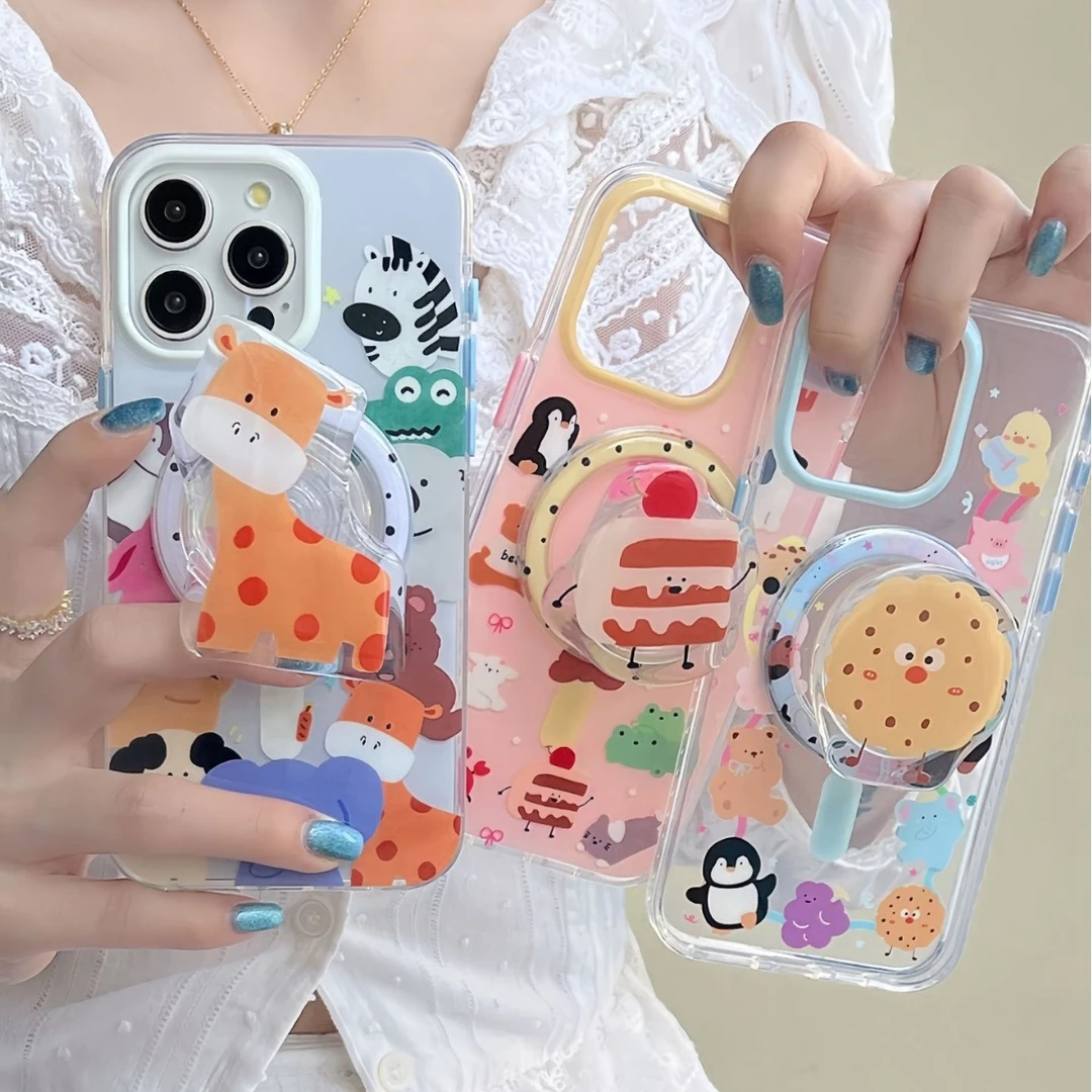 创意清新可爱涂鸦适用13/14ProMax卡通粉动物合集iPhone15Pro磁吸
