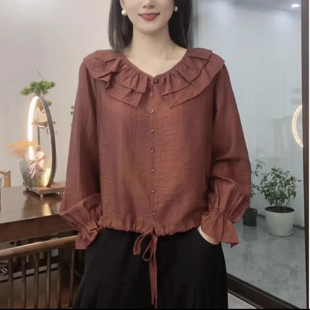 时尚妈妈装花边领纯色抽绳气质漂亮小衫秋季新款时尚显瘦长袖