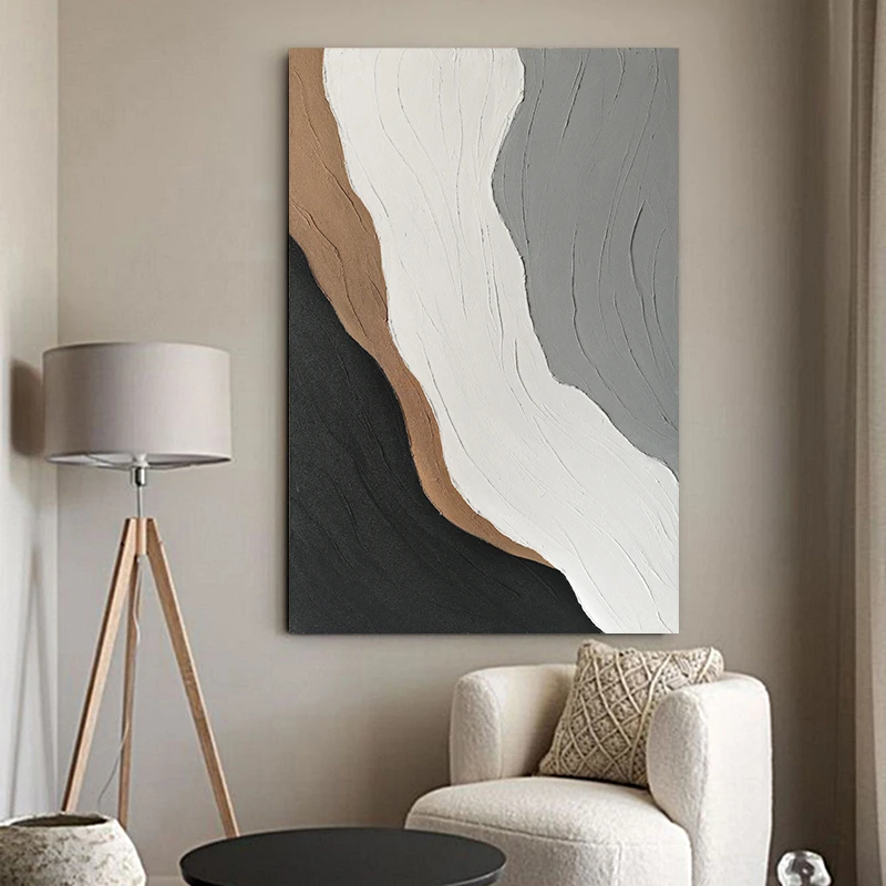 抽象立体肌理手绘油画《川聚》极简高级黑白灰客厅装饰画玄关背景画
