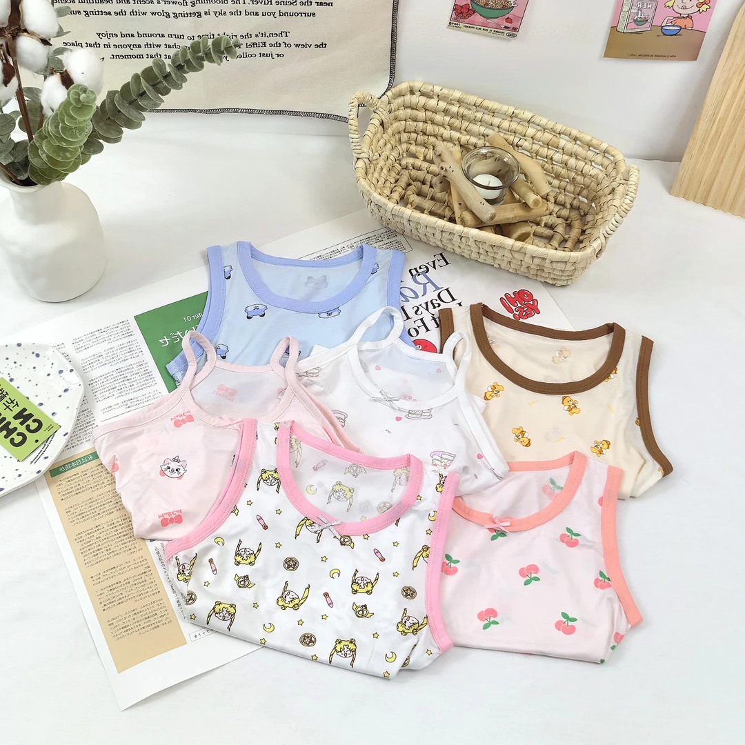 华稚新款天丝莫赛尔男女童亲肤舒适小背心儿童薄款背心印花