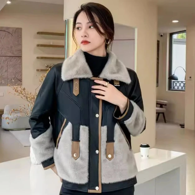 2024秋冬季皮衣女装毛皮大衣短裤皮拼接外套