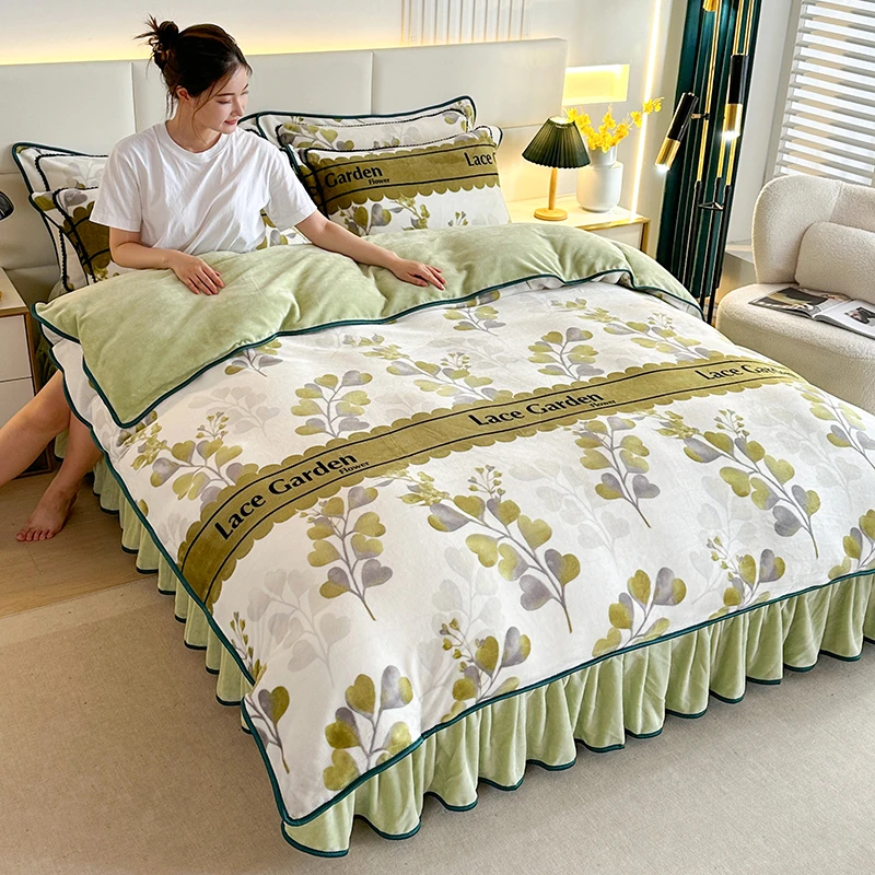 加厚保暖印花绒被罩牛奶绒四件套床单床上用品被套