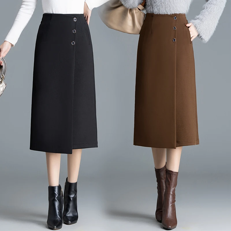 2025毛呢中长款开叉包臀裙女冬季显瘦高腰半身裙垂感直筒裙子大码