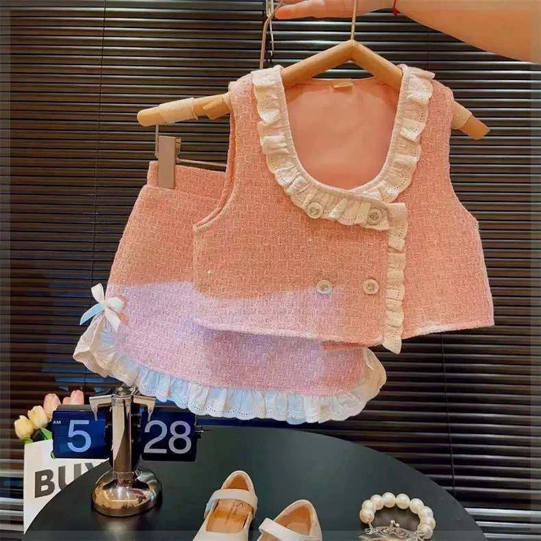 HHkids牛仔拼接格子小香风套装2024马甲短裙高级感两件套GTZ658