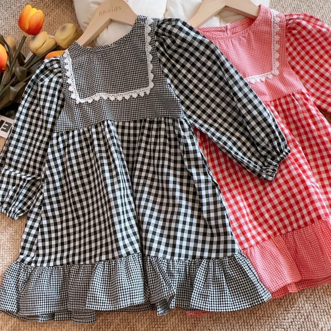 HHkids女童复古格子连衣裙2024春季新款中小童百搭裙子CQZ456