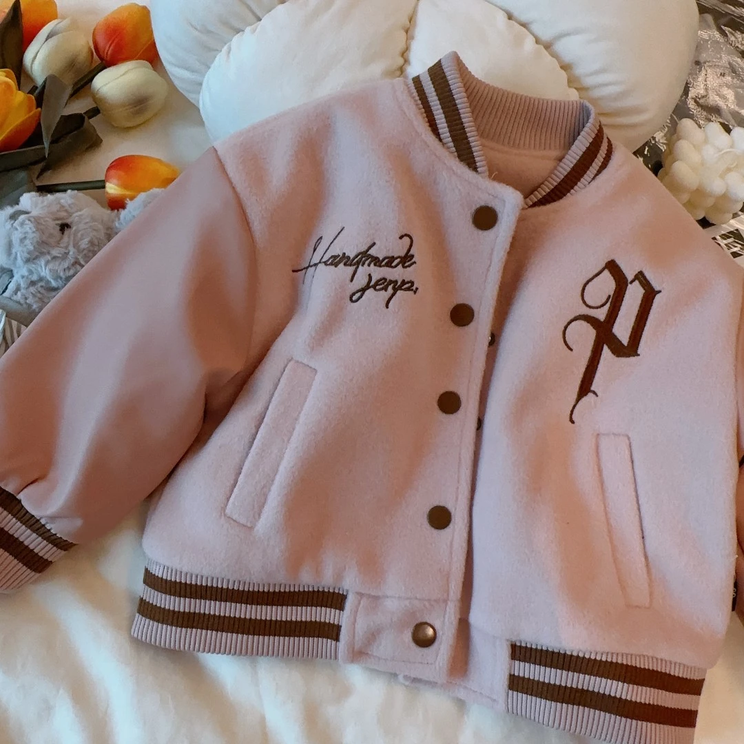 【现货】儿童棒球服外套2023秋冬女童宝宝加绒洋气夹克上衣GWT409