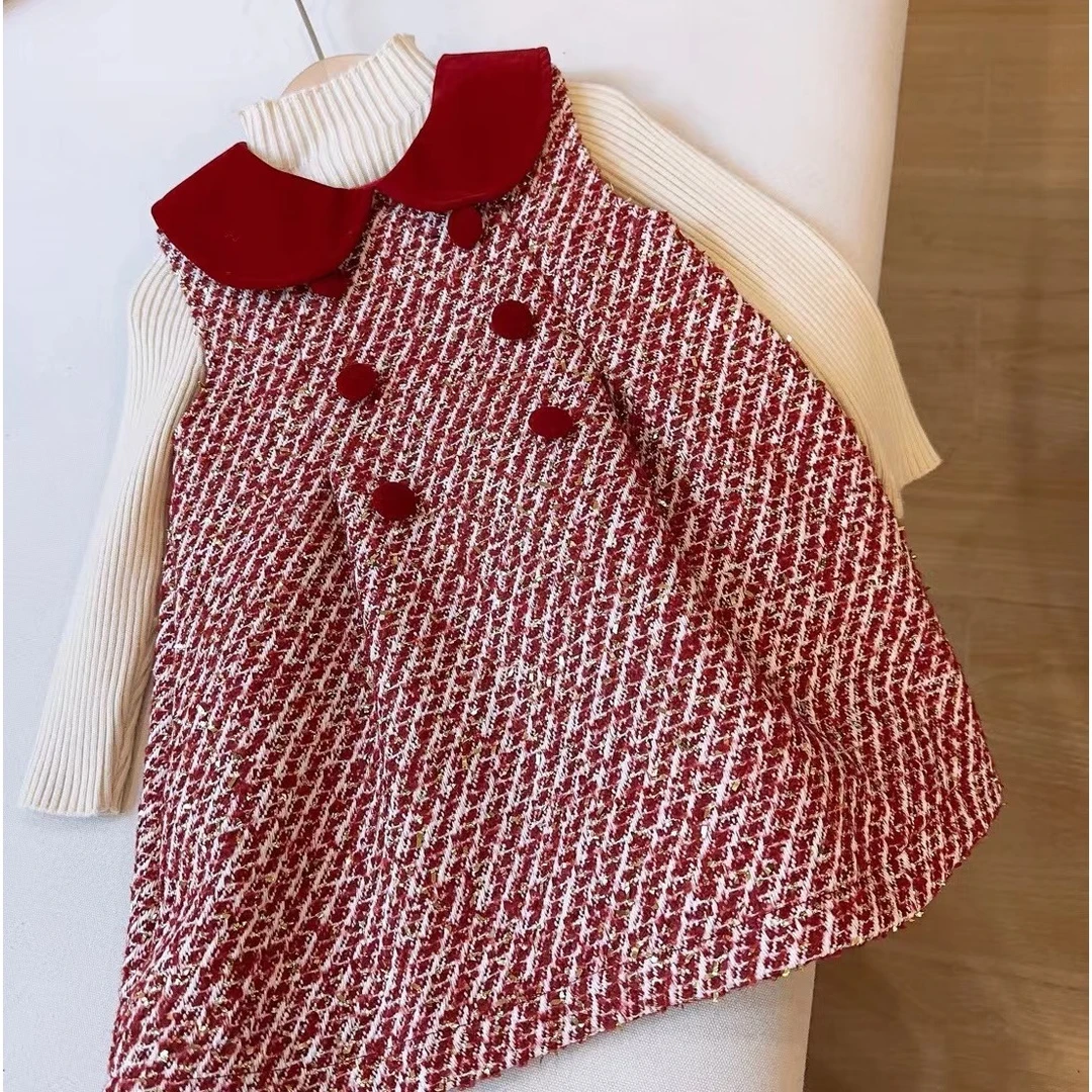 【小香圣诞裙】韩妈推荐女双排扣法式编织呢加绒背心裙生日裙DQZ256