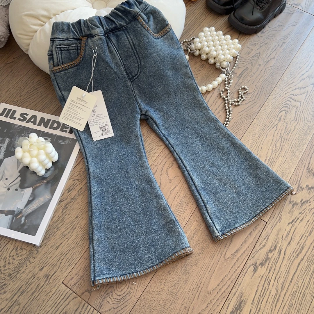 HHkids儿童女童水洗牛仔裤2023冬新款宝宝花边加厚加绒裤子FKZ526