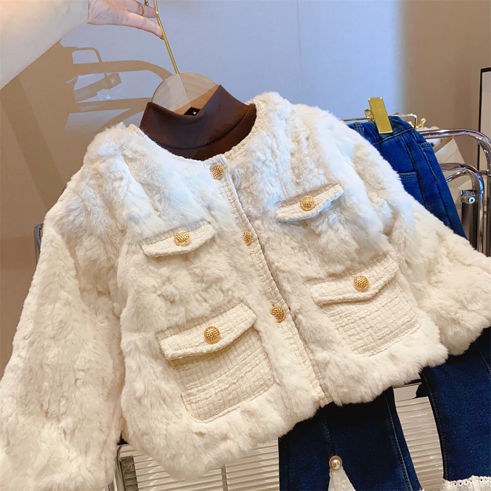 HHkids女童仿皮草气质小香风加绒加厚百搭短款外套2023冬装HWT137