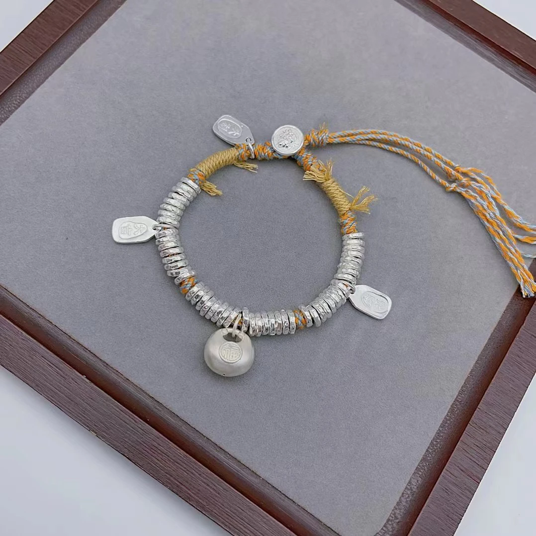 足银手链 盘缠银手串女999纯银小胖福纯手工编织实心百搭复古时尚